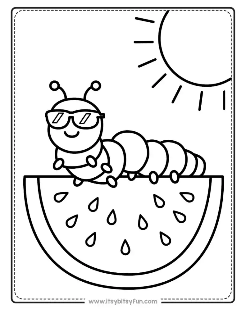 July coloring page with a cool caterpillar wearing sunglasses sitting on a watermelon slice under the sun.