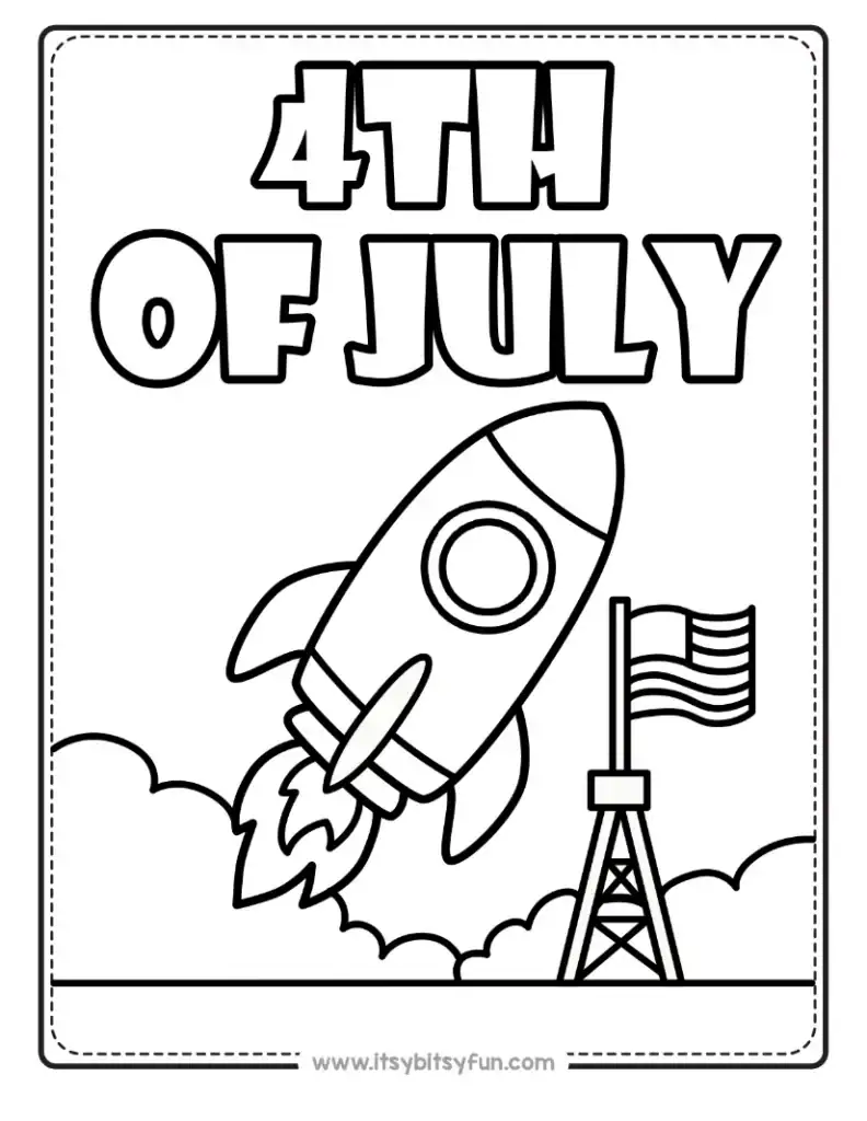 4th of July coloring page with a rocket launching next to an American flag on a tower.