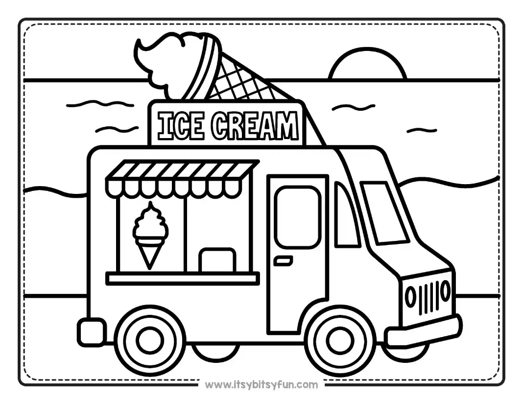 July coloring page with an ice cream truck on a summer street.