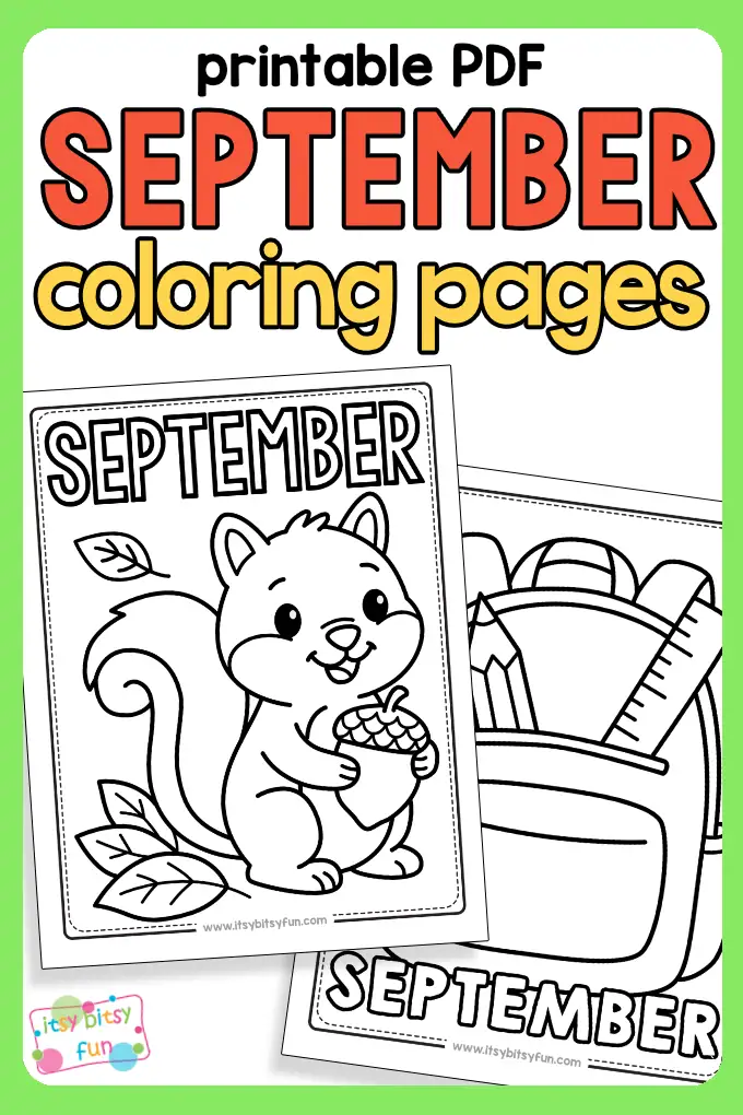 Printable September coloring pages for kids featuring a squirrel and a school backpack both with caption "September" to color.