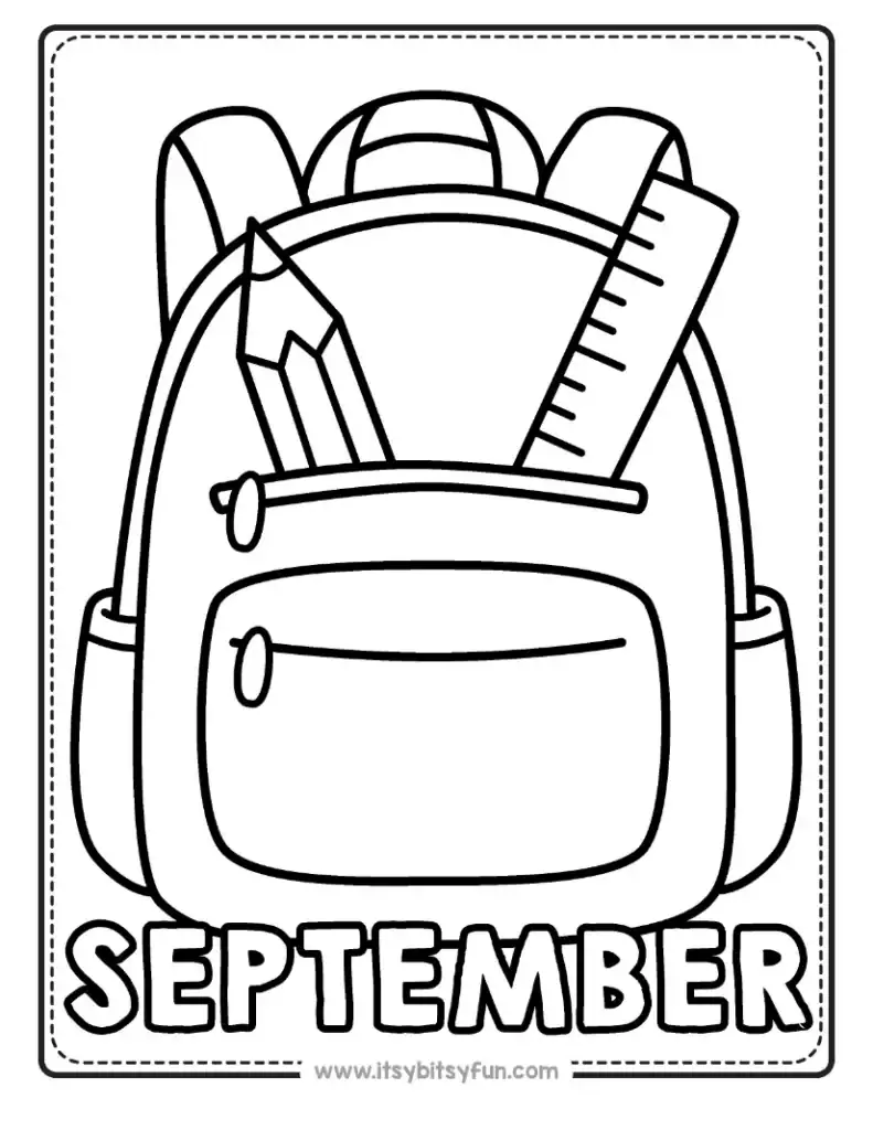 A coloring page featuring a school backpack with a pencil and ruler inside, with the word "SEPTEMBER" written at the bottom.