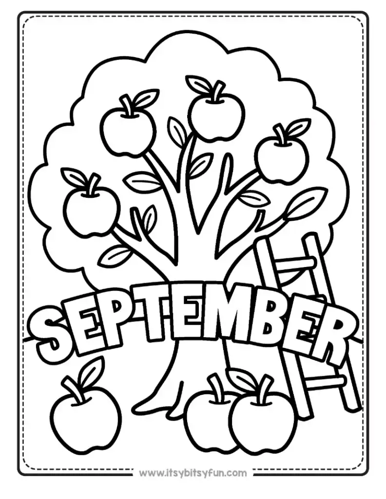 A coloring page featuring an apple tree with apples, a ladder leaning against it, and more apples on the ground, with the word "SEPTEMBER" across the middle.