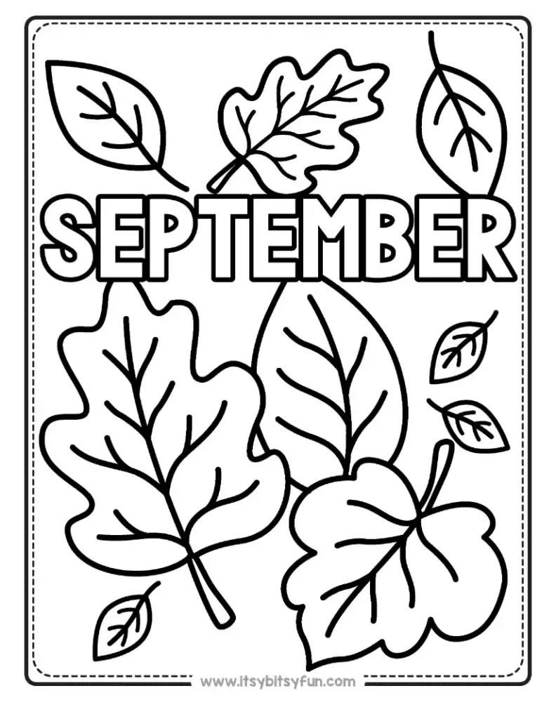 A coloring page featuring various fallen leaves and the word "SEPTEMBER" written across the center.