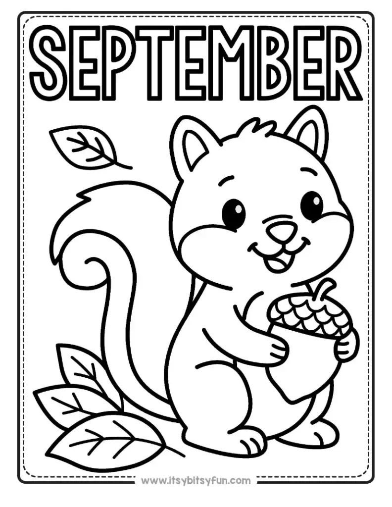 A coloring page featuring a smiling squirrel holding an acorn, with leaves around it and the word "SEPTEMBER" at the top.