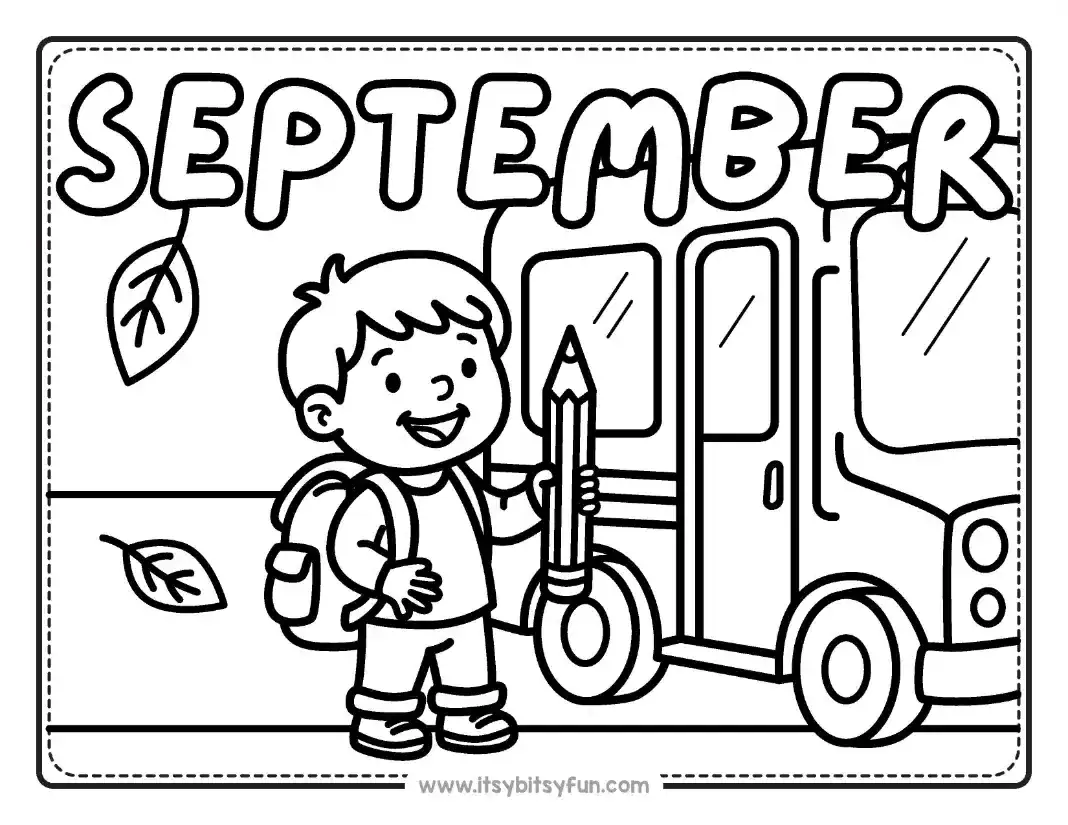 A coloring page featuring a child with a backpack holding a large pencil in front of a school bus, with the word "SEPTEMBER" written on the side.