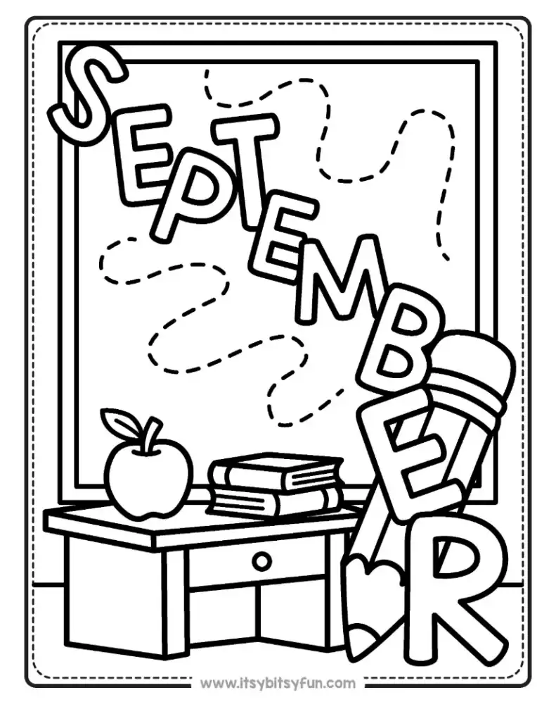 A coloring page featuring a desk with a book, an apple, a pencil and a large blackboard with "September" caption.