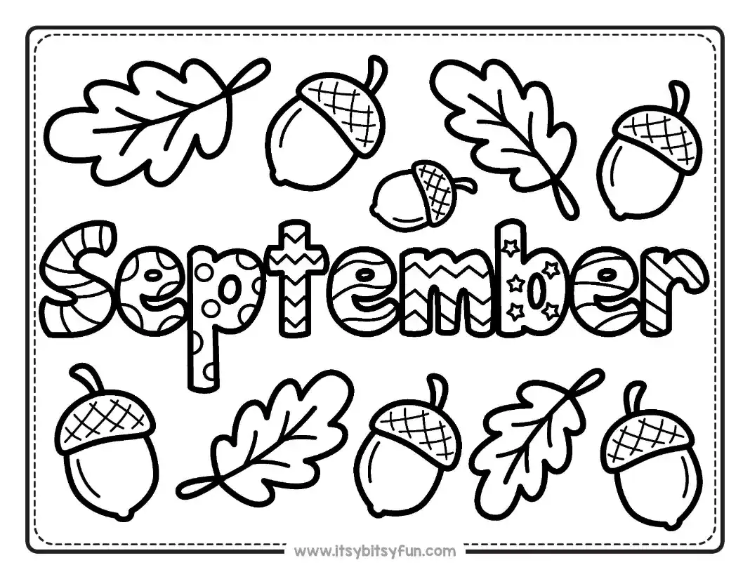 A coloring page featuring acorns and leaves surrounding the word "SEPTEMBER" written horizontally down the center.