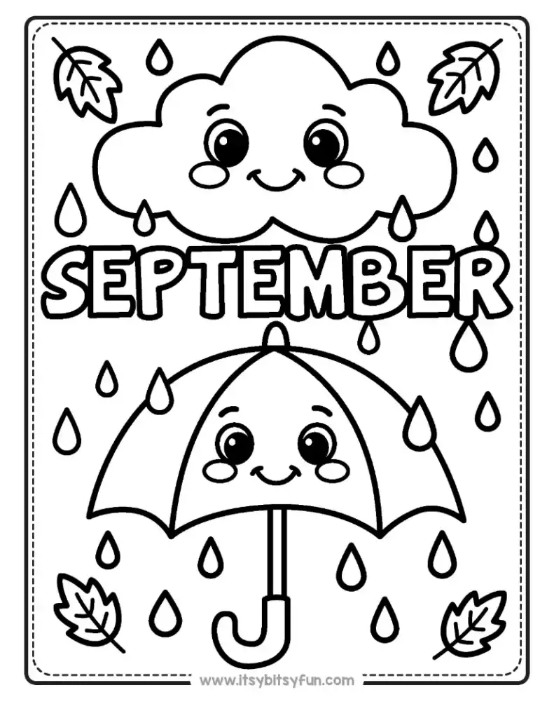 A coloring page featuring a smiling rain cloud and a smiling umbrella, with falling rain, leaves, and the word "SEPTEMBER" in the middle.