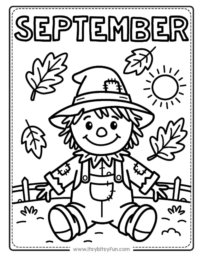 A coloring page featuring a smiling scarecrow sitting in a field with leaves and a sun, with the word "SEPTEMBER" at the top.