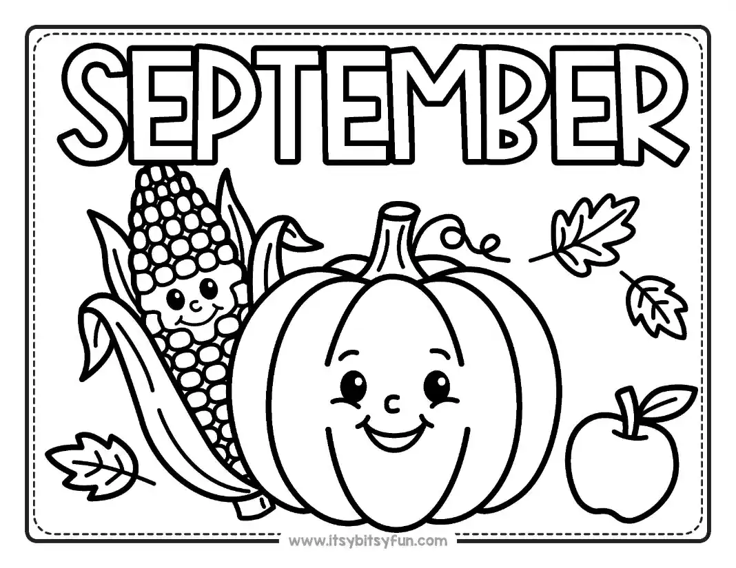 A coloring page featuring leaves, a smiling pumpkin, a smiling corn, and an apple, with the word "SEPTEMBER" to color.