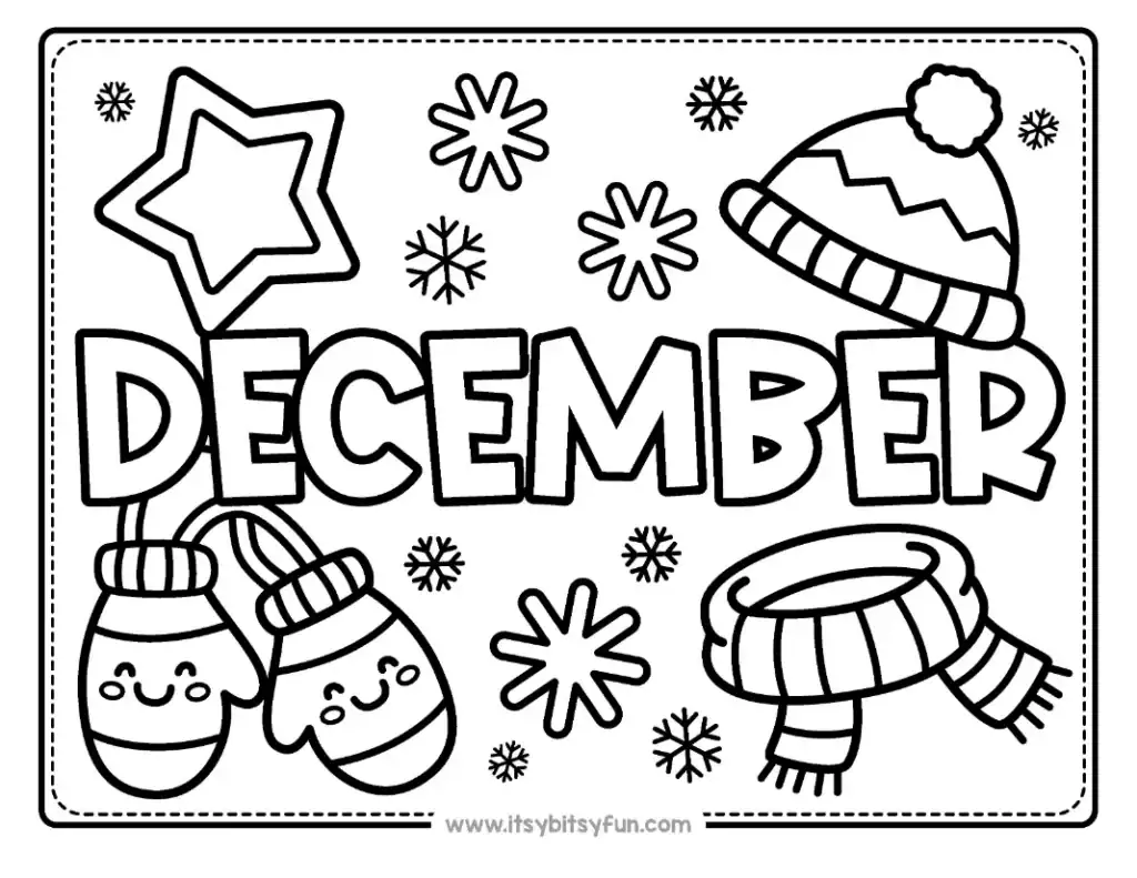 A winter hat, a pair of mittens, and a scarf arranged around the word DECEMBER.