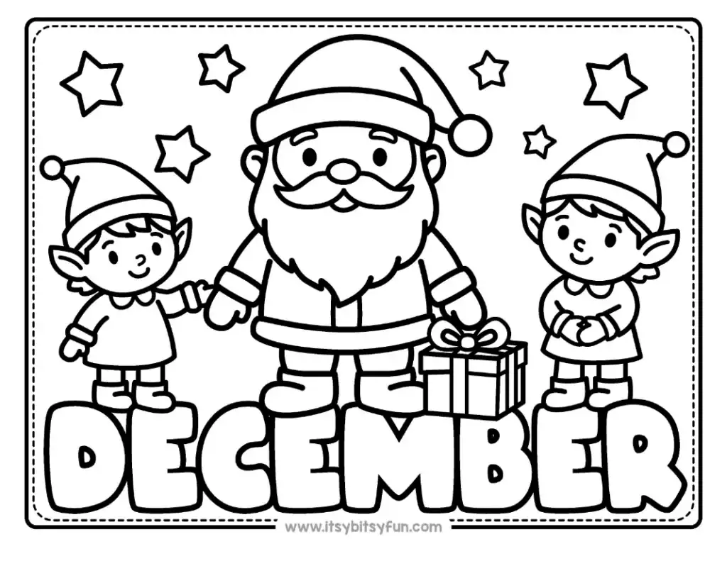 Santa Claus standing with two elves and a gift box, beneath is the word DECEMBER.