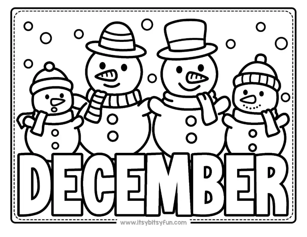 A group of four happy snowmen standing together.