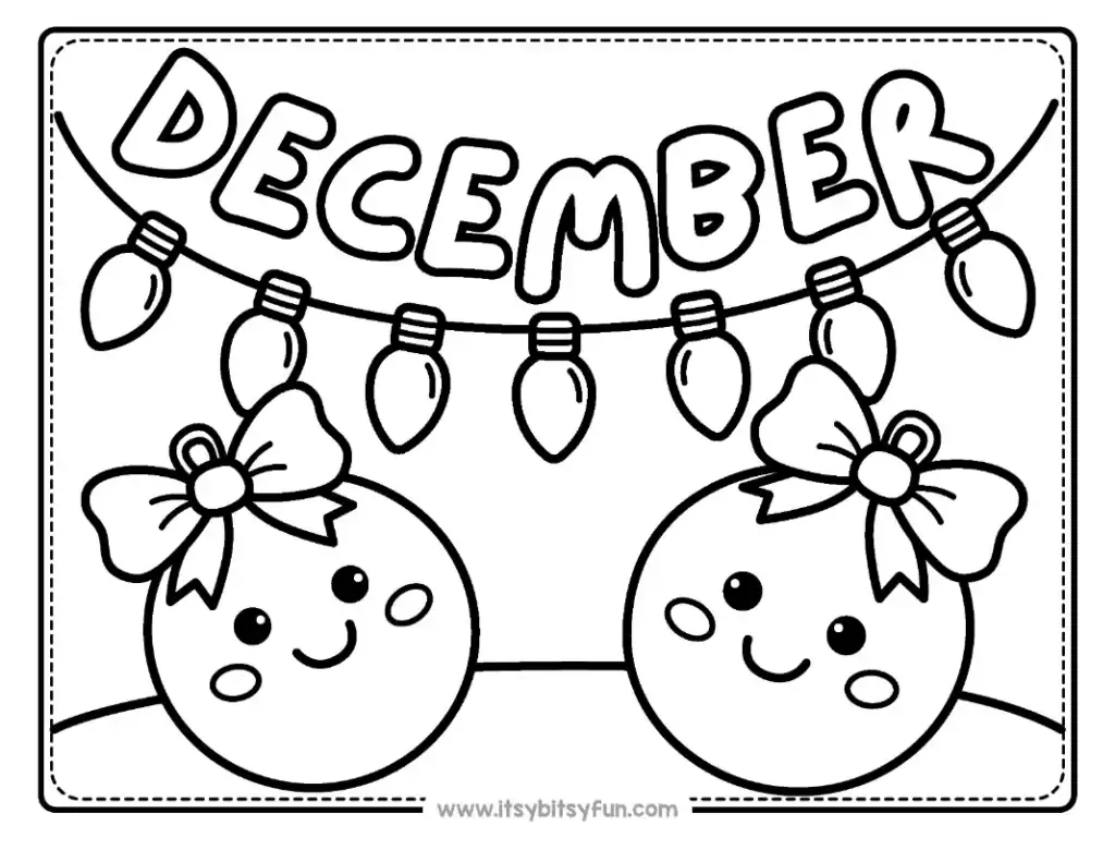 Two cute, smiling Christmas ornaments with bows, and hanging Christmas lights above.