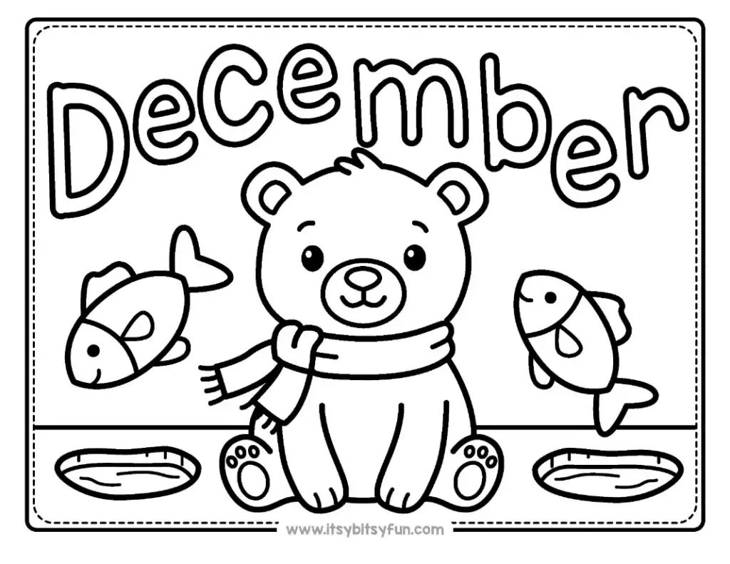 A small polar bear wearing a scarf, standing between two jumping fish.