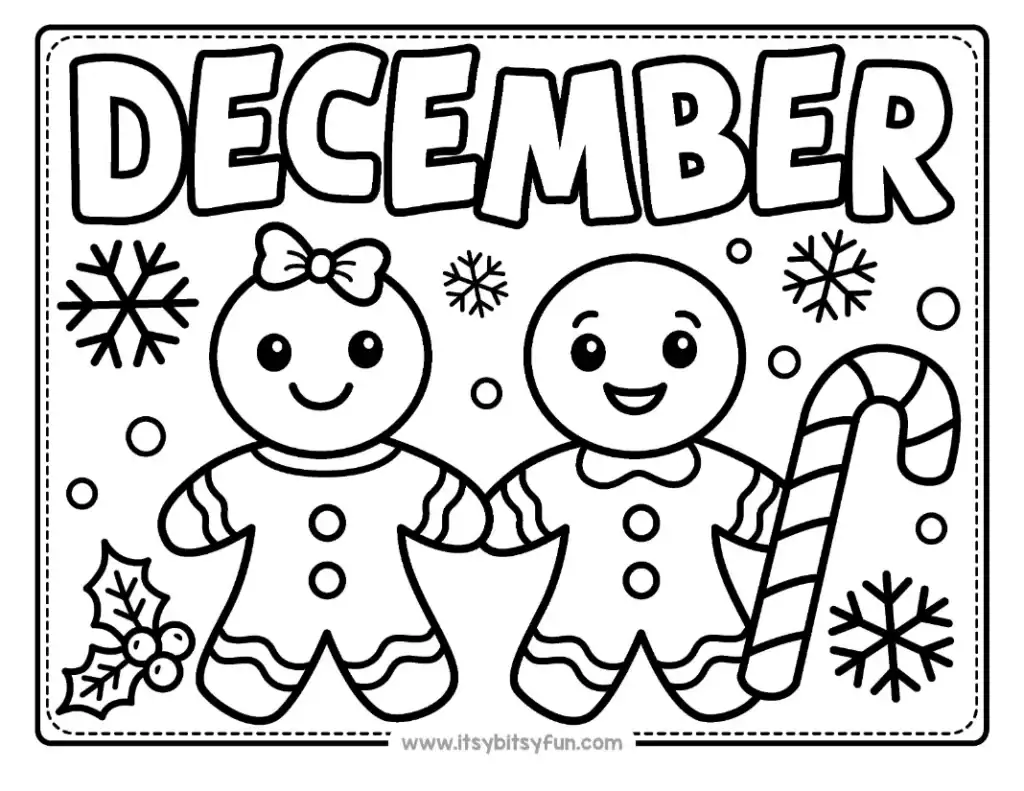 A gingerbread boy and girl holding hands next to a candy cane and holly.