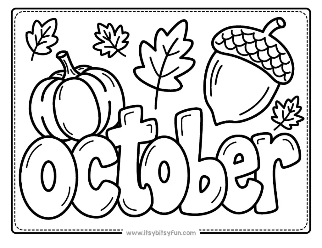 Text OCTOBER sits above a pumpkin, acorn, and assorted leaves.