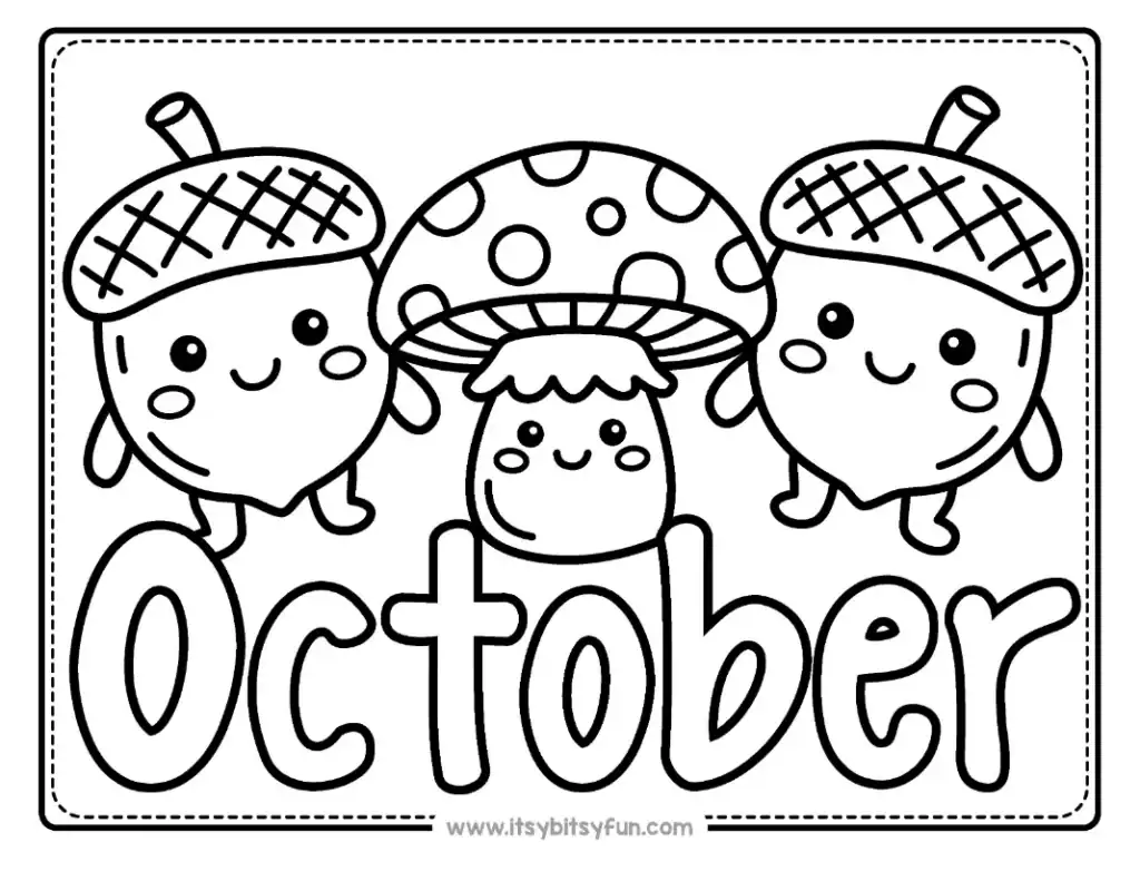 Two smiling acorns flank a polka-dot mushroom, with a the word OCTOBER beneath.