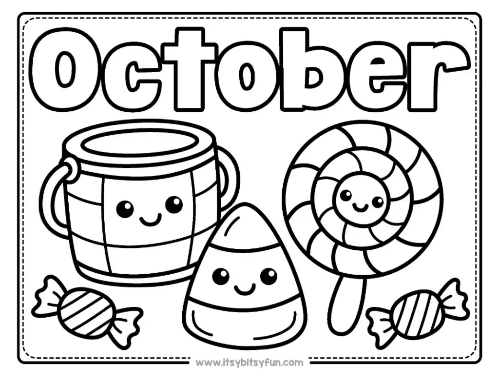 A bucket, a piece of candy corn, and a lollipop are grouped under the word OCTOBER.