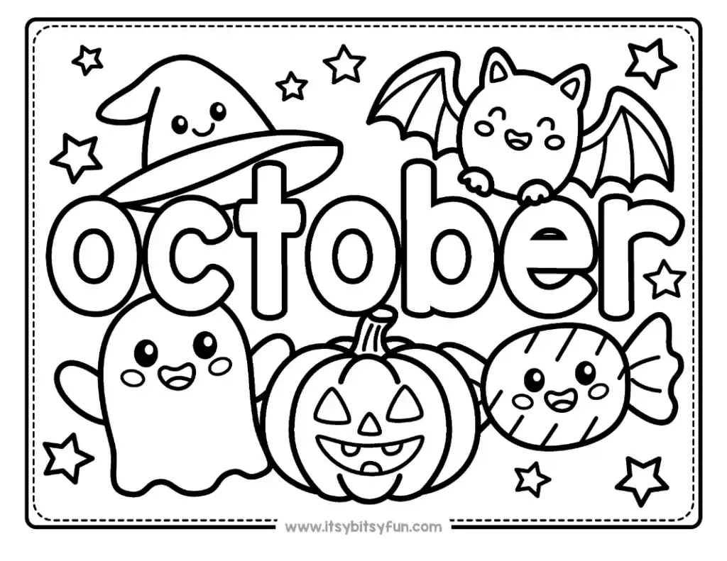 A witch hat, a flying bat, a ghost, a pumpkin, and candy surround the word OCTOBER.