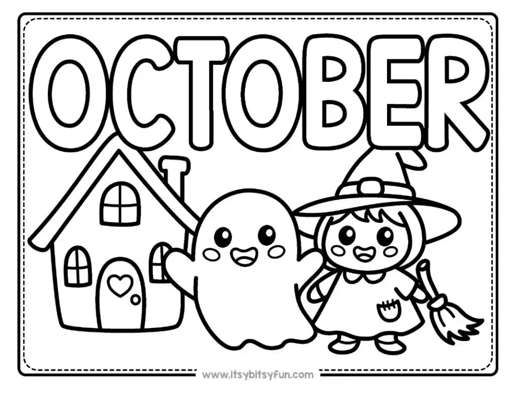 A small haunted house with a heart on the door stands next to a ghost and a witch under the word OCTOBER.