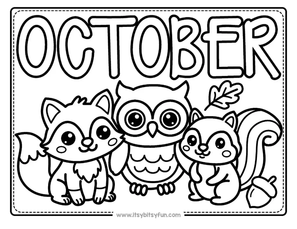A fox, an owl, and a squirrel stand together beneath the word OCTOBER.