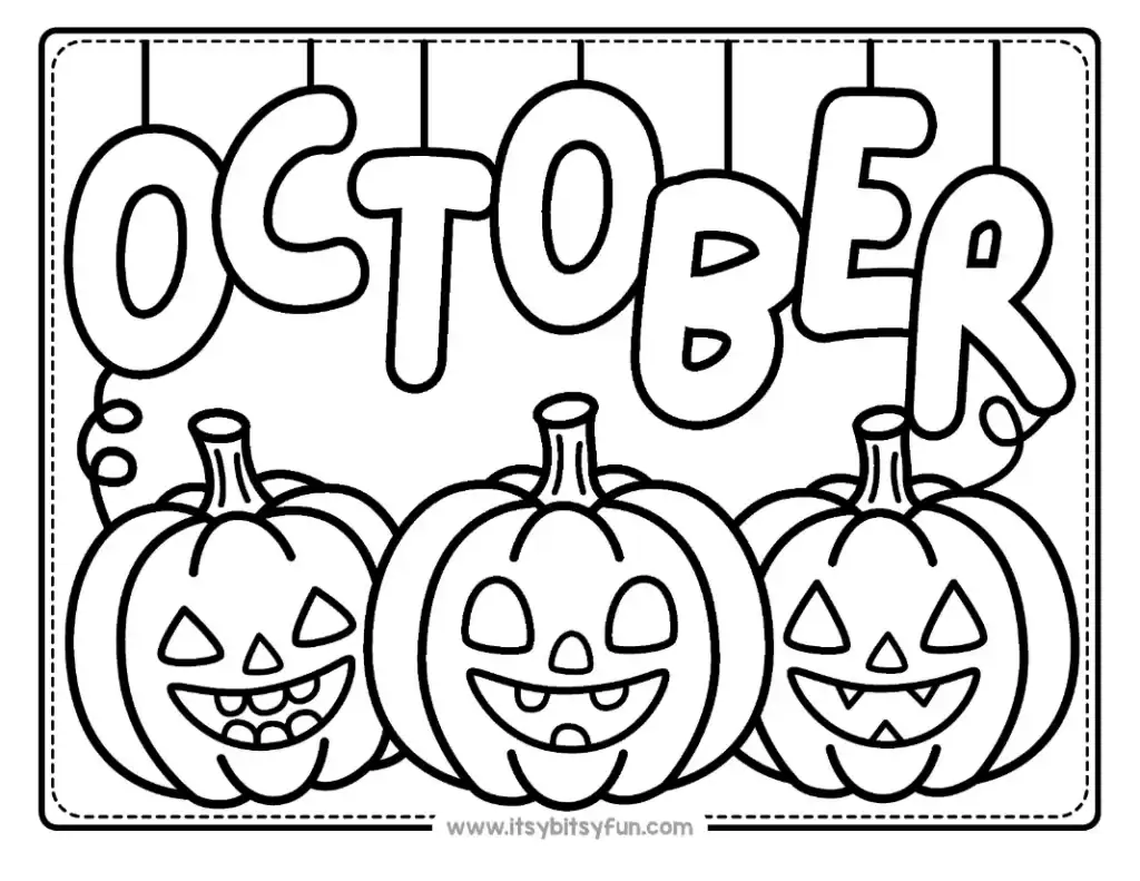Three grinning jack-o'-lanterns sit below the word OCTOBER.