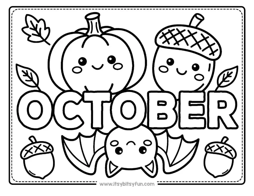 An acorn, a pumpkin, and a bat hanging upside down frame the word OCTOBER.