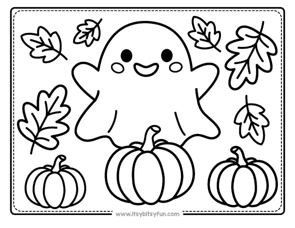 A large ghost floats above a central pumpkin flanked by two smaller pumpkins and falling leaves.
