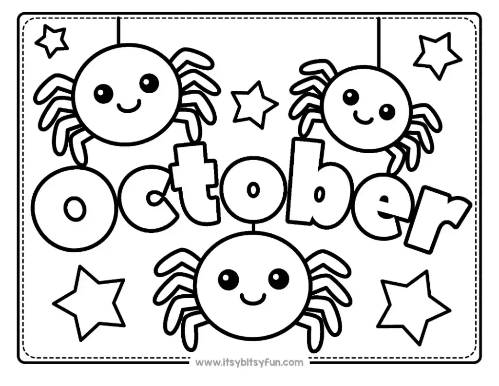Three spiders dangle from threads around the central word OCTOBER and surrounding stars.