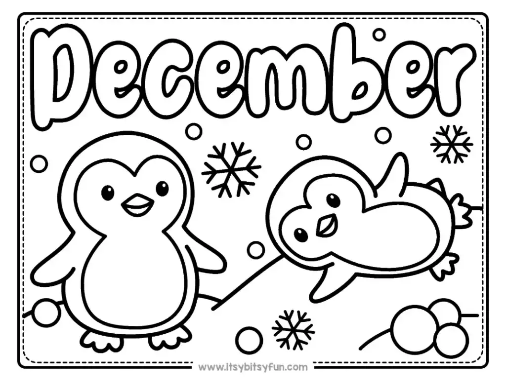 Two cute penguins in a snowy landscape with snowflakes.