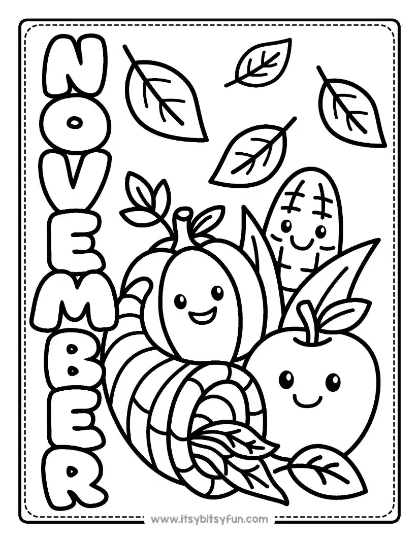 A overflowing cornucopia horn filled with autumn vegetables and fruits with happy faces.