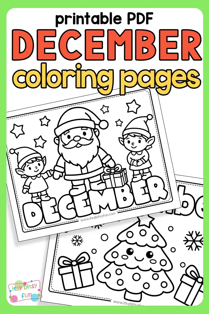 Two example December coloring pages, one featuring Santa with his elves and another with a decorated tree, under the title "printable PDF December coloring pages."
