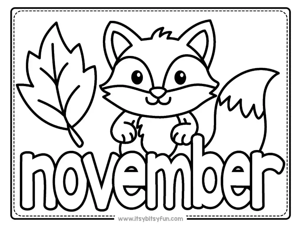 A friendly fox standing behind the word "november" with a large leaf to its side.