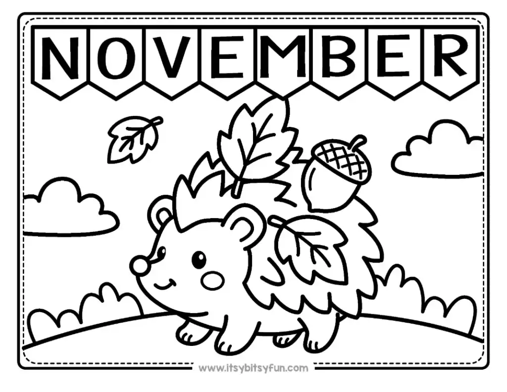 An adorable hedgehog walking through grass with an acorn and leaves balanced on its back.