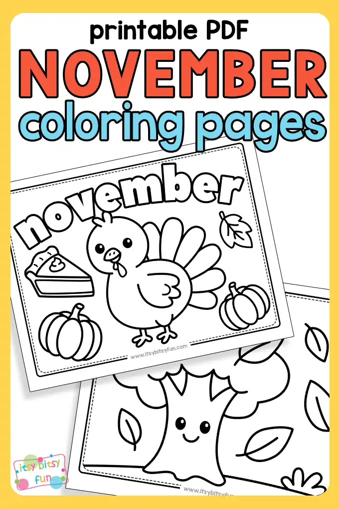 Two printable November coloring pages featuring a turkey, pumpkin pie, pumpkins, and a tree with fall leaves.