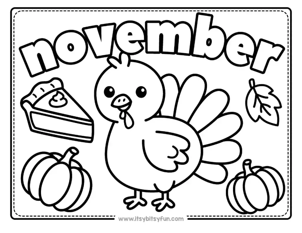 A cute cartoon turkey standing between two pumpkins with a slice of pie nearby.