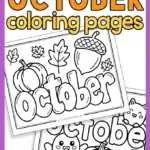 Two black-and-white October coloring sheets featuring pumpkins, acorns, leaves, candy, and a ghost.