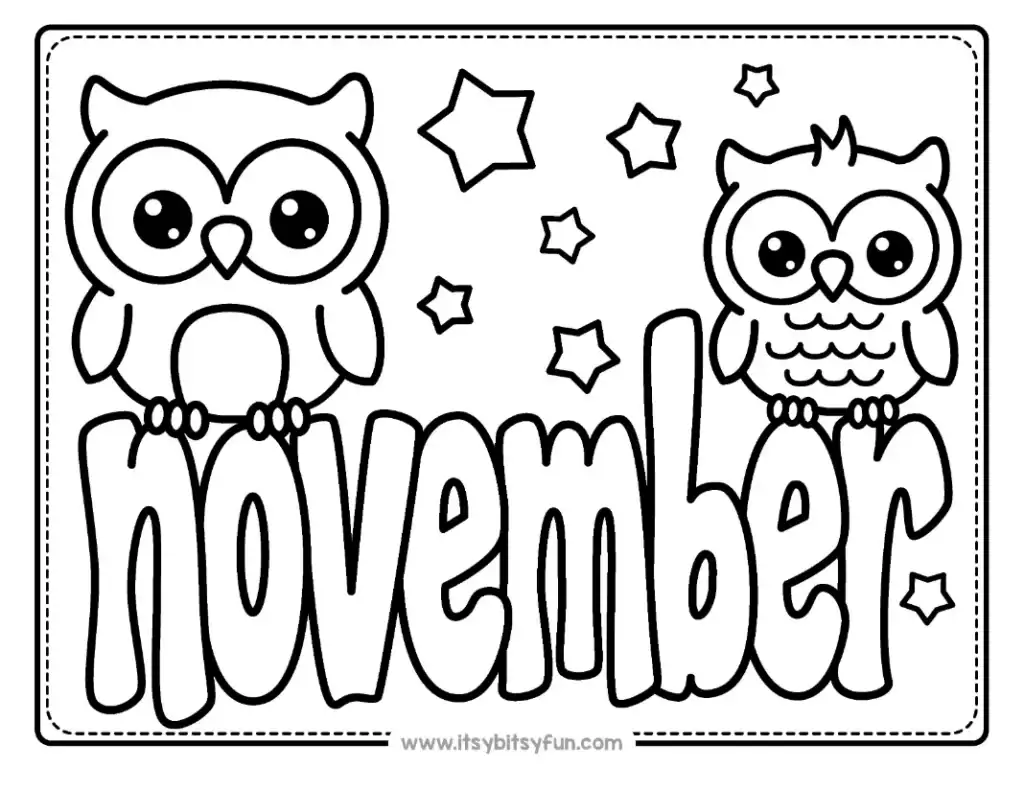 Two wide-eyed owls perched on top of the word "november" with stars in the background.