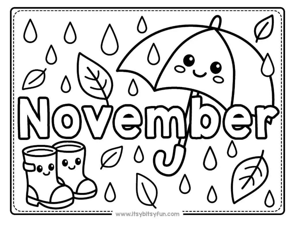 A smiling umbrella and a pair of rain boots amidst falling autumn raindrops and leaves.
