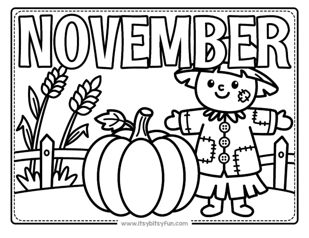 A smiling scarecrow in a field with a large pumpkin and stalks of wheat.