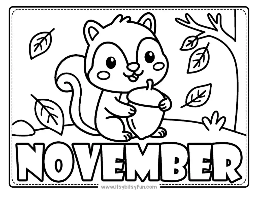 A happy squirrel holding a large acorn in a forest setting with falling leaves.