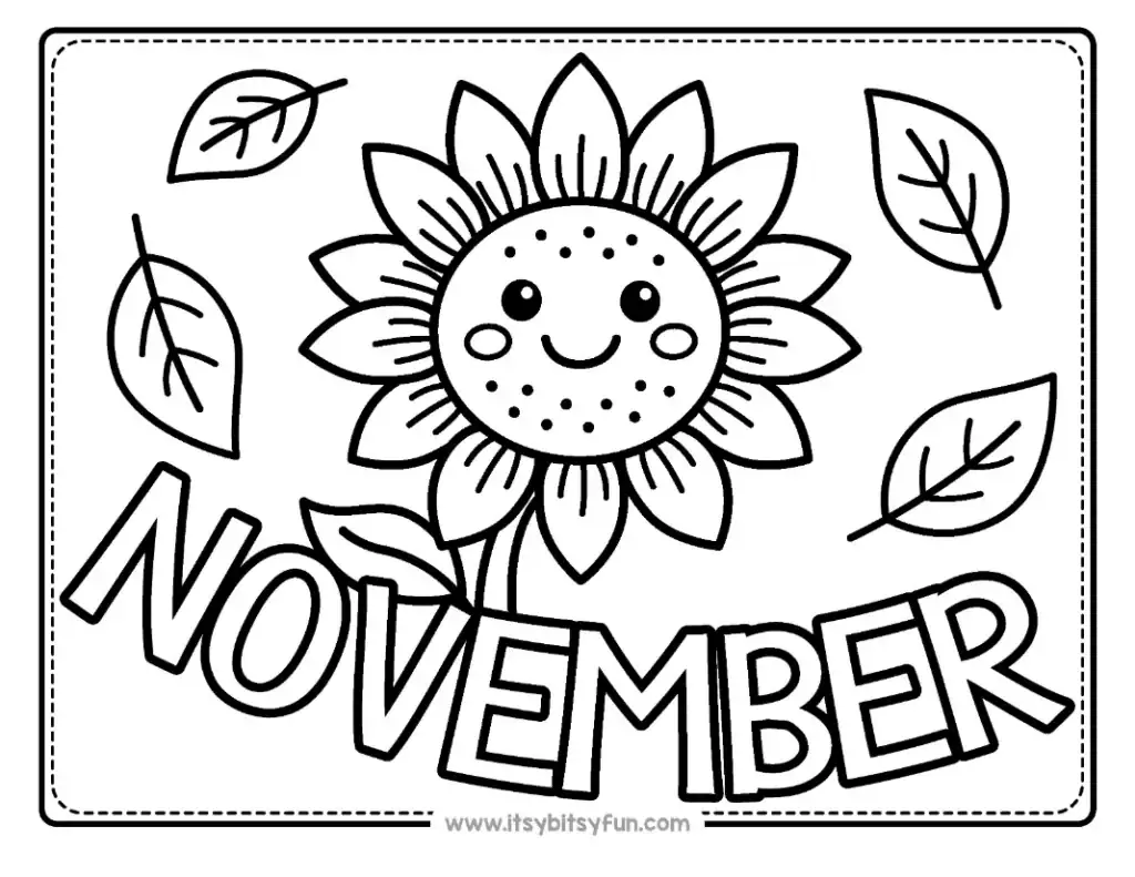 A large, smiling sunflower surrounded by floating fall leaves.