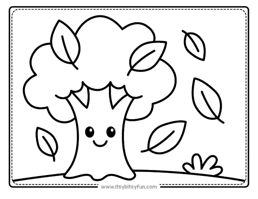 A happy, smiling tree standing in a field with leaves falling from its branches.