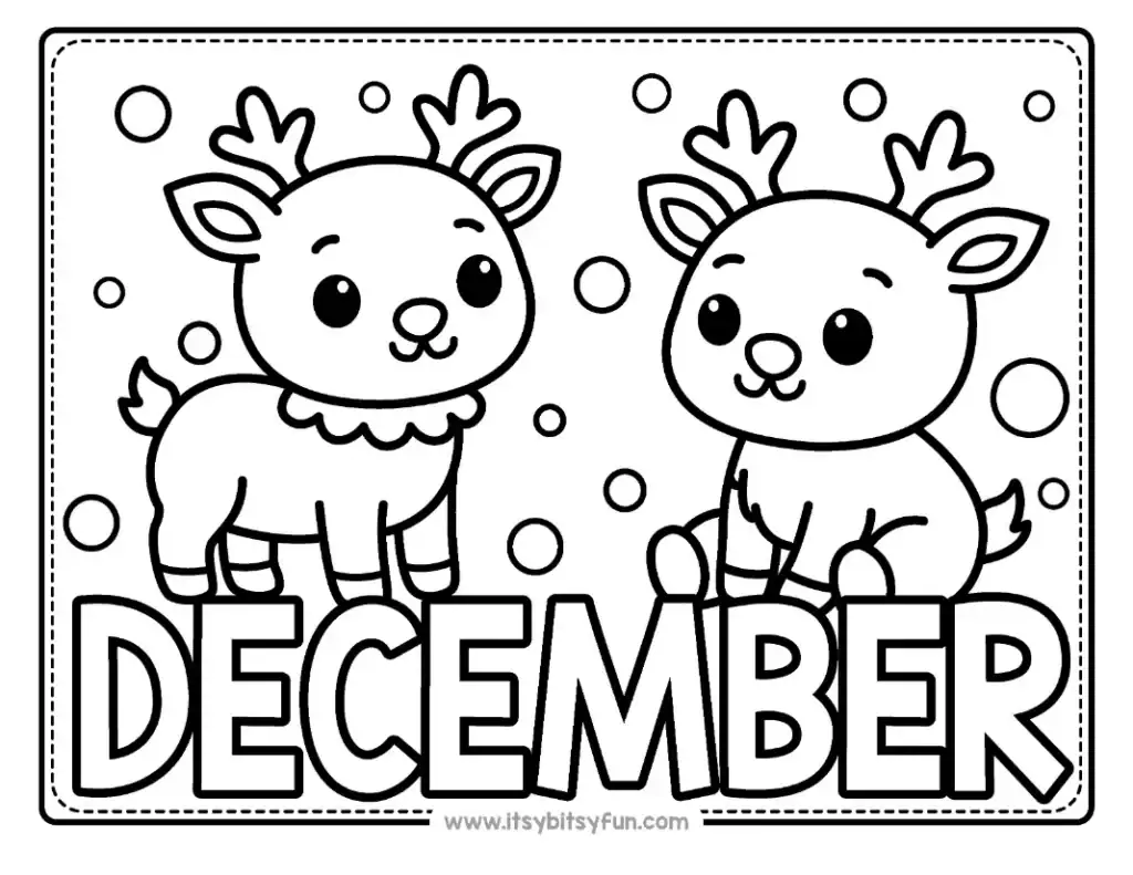 Two adorable, smiling reindeer standing over the word DECEMBER in a snowy setting.