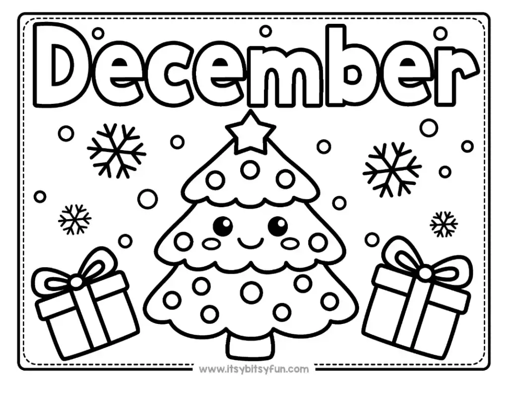 A smiling, decorated Christmas tree flanked by two wrapped gifts with snowflakes falling.